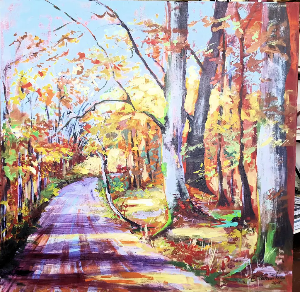 Herbstwald - Goldenes Herbstlicht Landschaftsmalerei Acrylbild auf Leinwand 80x80cm von Arte Tarantino